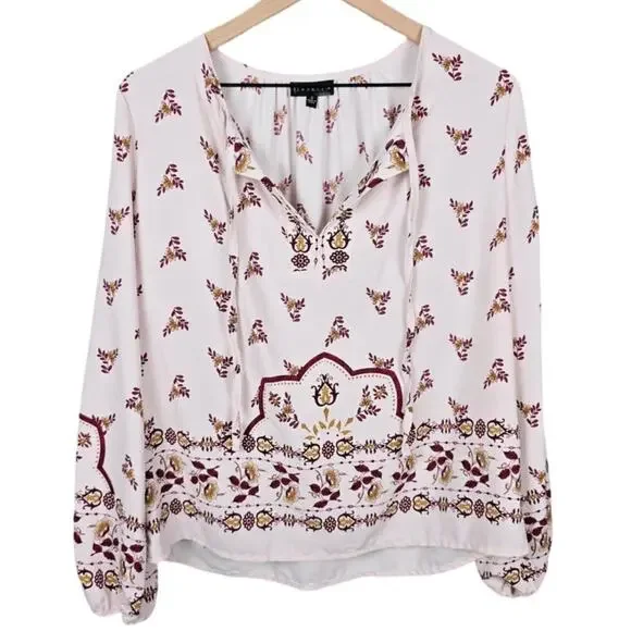 Bobeau White Peasant Blouse Sz S Burgundy Gold Floral Print Boho Long Sleeve Top - Picture 2 of 4